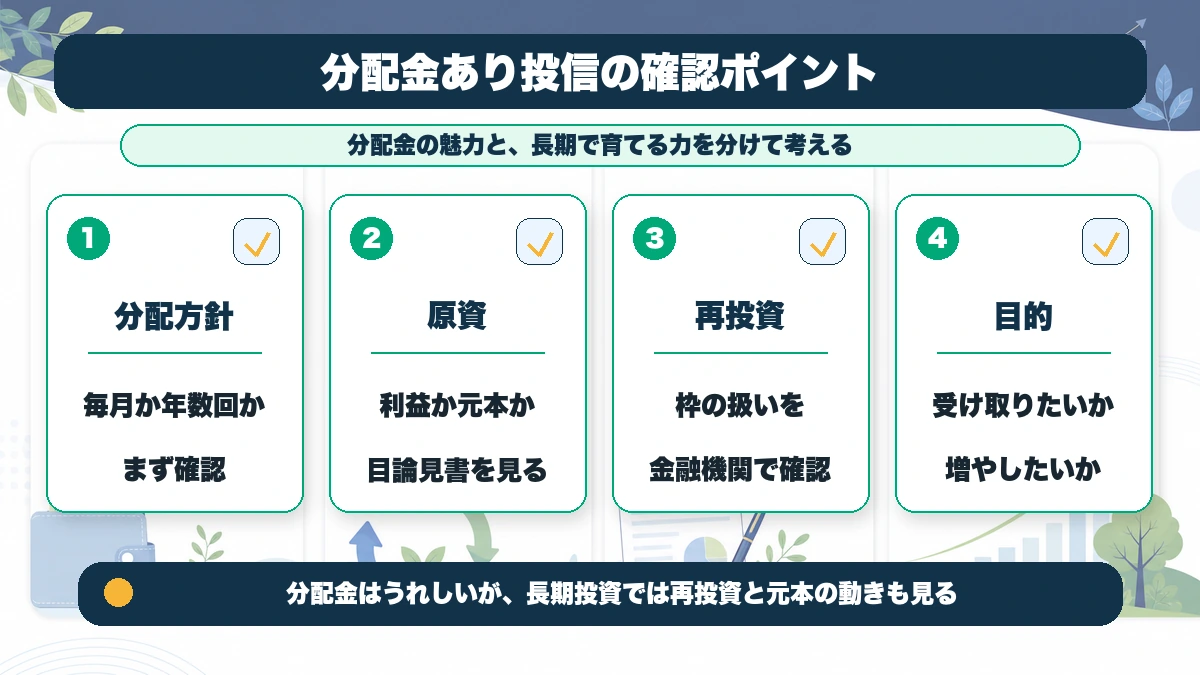 分配金あり投資信託の確認ポイントを整理した本文図解