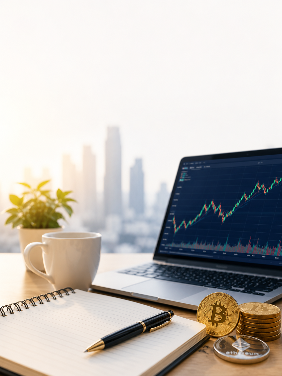 金融チャートを表示したノートパソコンとノート、コーヒーが置かれた明るいデスク