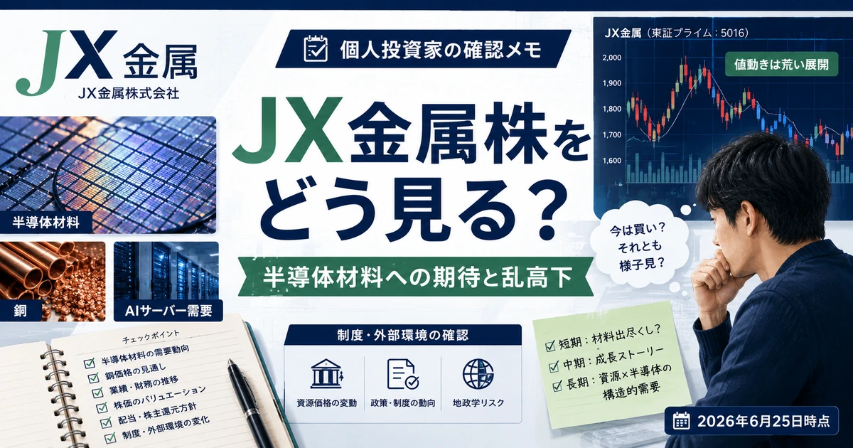 JX金属の最近の株価変動を半導体材料、報道材料、乱高下、確認点に分けて整理する本文図解