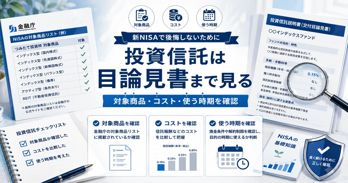 新NISAの投資信託を選ぶ前に対象商品リストと目論見書を確認するイメージ