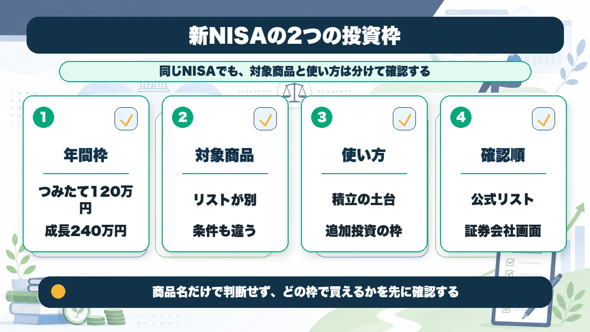 新NISAのつみたて投資枠と成長投資枠の違いを整理した本文図解