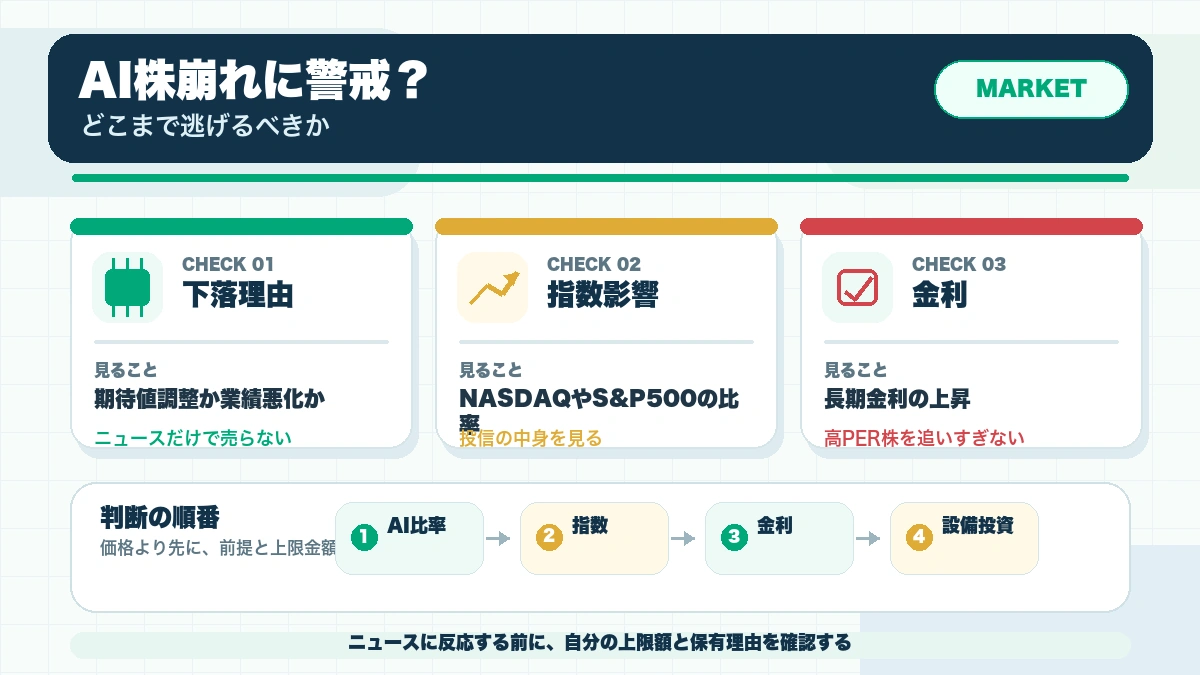AI株が崩れたとき、普通の個人投資家はどこまで警戒すべきかの確認ポイントを整理した本文図解