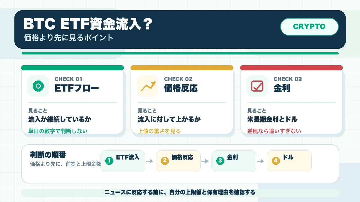 ビットコインETFに資金が戻ると何が起こる？個人投資家が見るべきポイントの確認ポイントを整理した本文図解