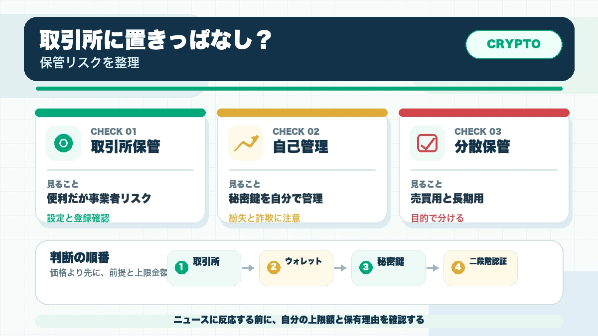 取引所に置きっぱなしでいいのか？普通の個人投資家の仮想通貨保管メモの確認ポイントを整理した本文図解