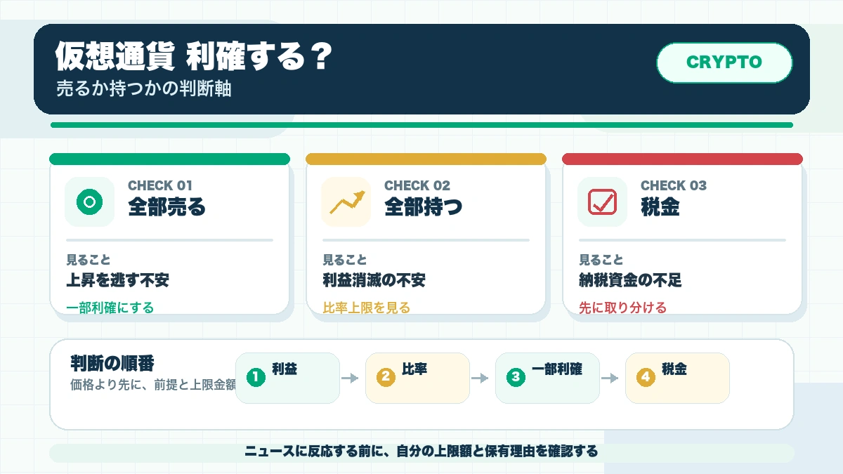 仮想通貨で利益が出たとき、すぐ売るべきか持ち続けるべきかの確認ポイントを整理した本文図解
