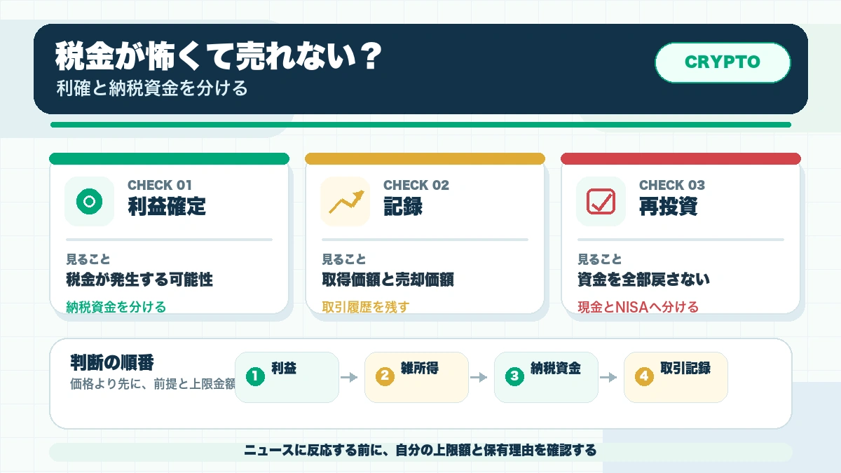 仮想通貨の税金が怖くて売れない問題をどう考えるかの確認ポイントを整理した本文図解