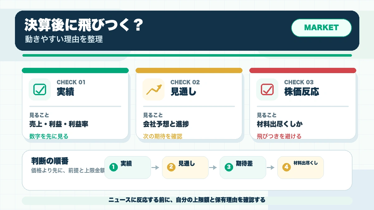 決算シーズン後に株価が動きやすい理由と、飛びつかないための見方の確認ポイントを整理した本文図解