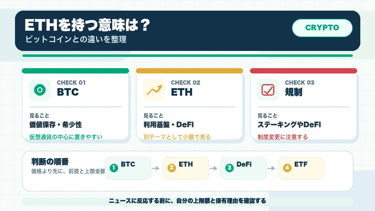 イーサリアムはビットコインと何が違う？仮想通貨の2番手を持つ意味を整理の確認ポイントを整理した本文図解