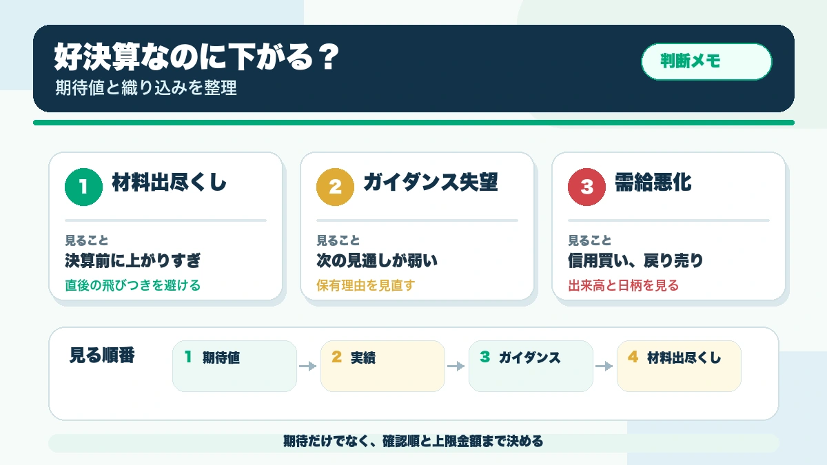 決算が良いのに株価が下がるのはなぜ?期待値と織り込みを個人投資家目線で整理の確認ポイントを整理した本文図解
