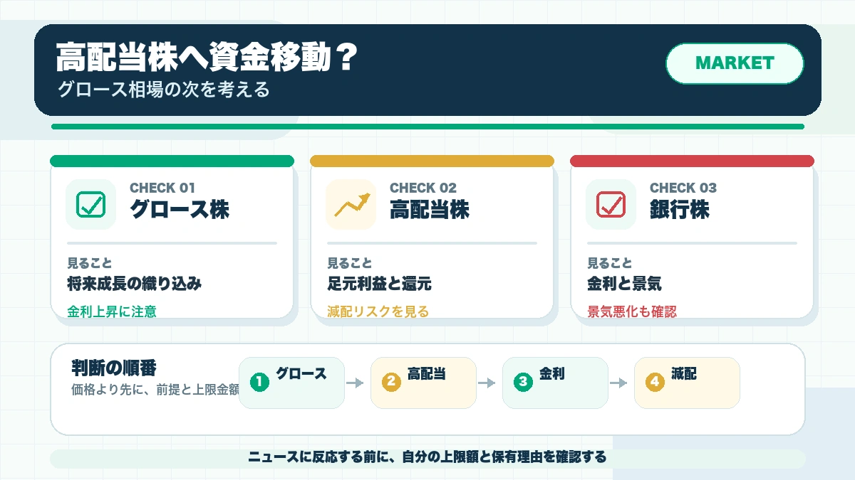 グロース株から高配当株へ資金が移るときに起こることの確認ポイントを整理した本文図解