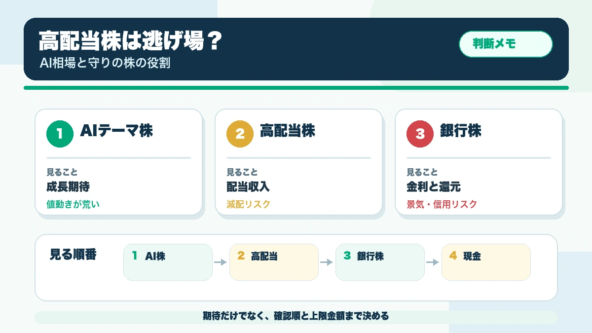 高配当株や銀行株はAI相場の逃げ場になるのか?テーマ株と守りの株の役割の確認ポイントを整理した本文図解