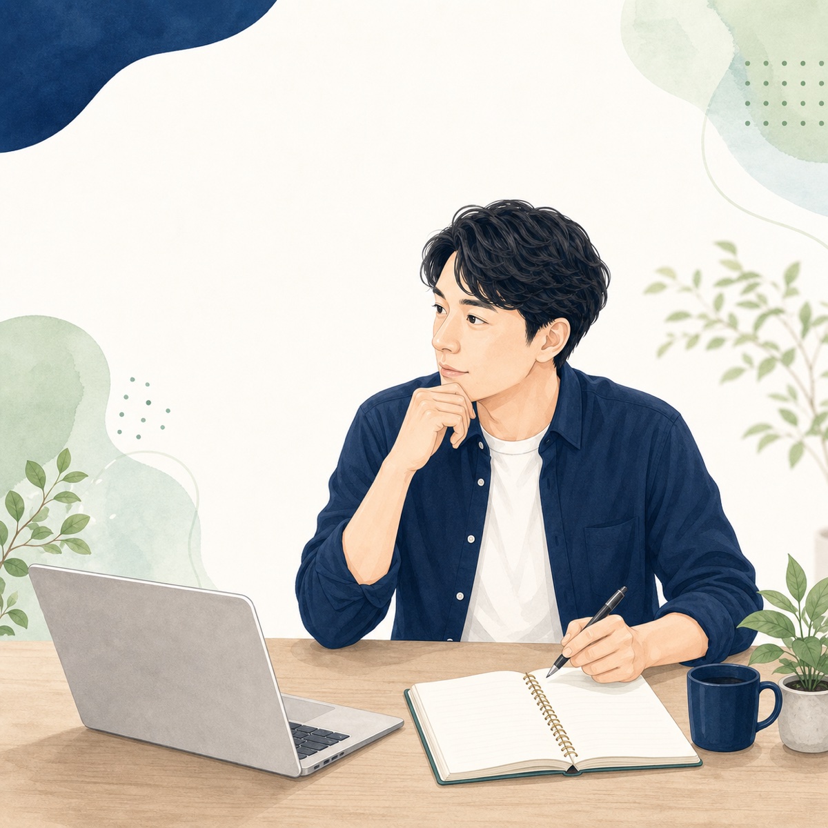 机で投資判断を整理する個人投資家のイラスト