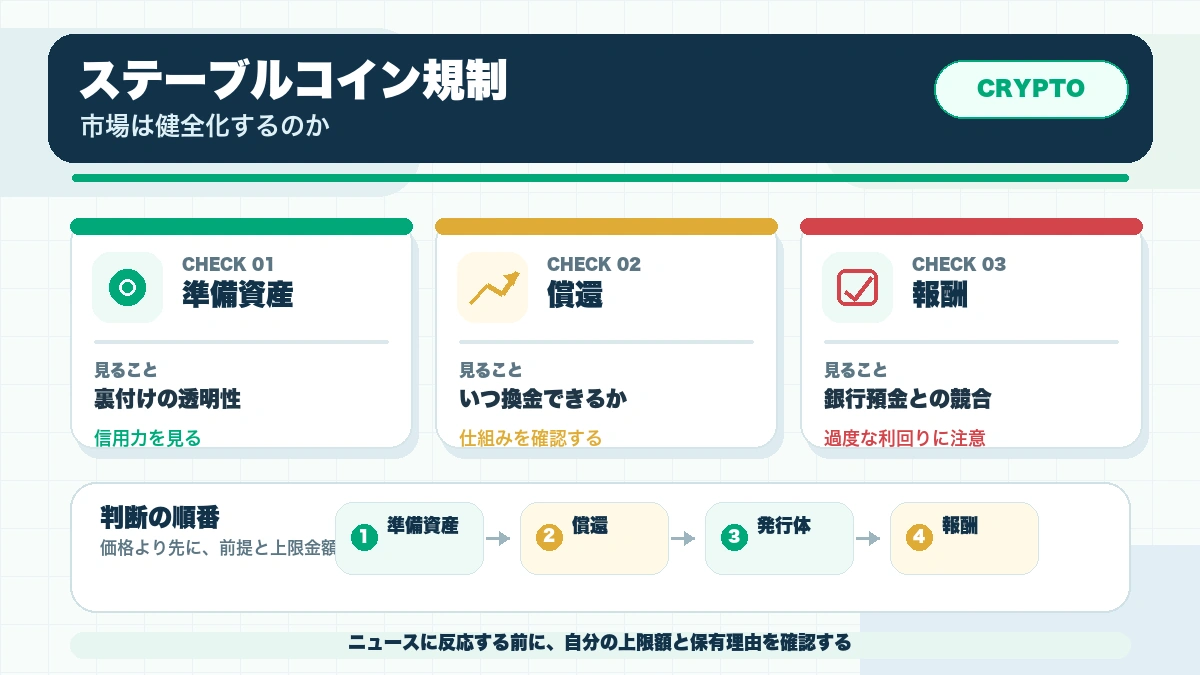 ステーブルコイン規制が進むと仮想通貨市場は健全化するのかの確認ポイントを整理した本文図解