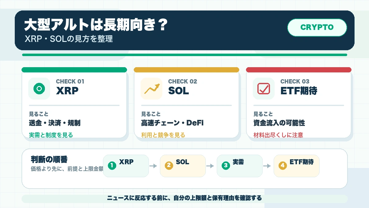 XRPやSOLのような大型アルトコインは長期保有に向くのかの確認ポイントを整理した本文図解