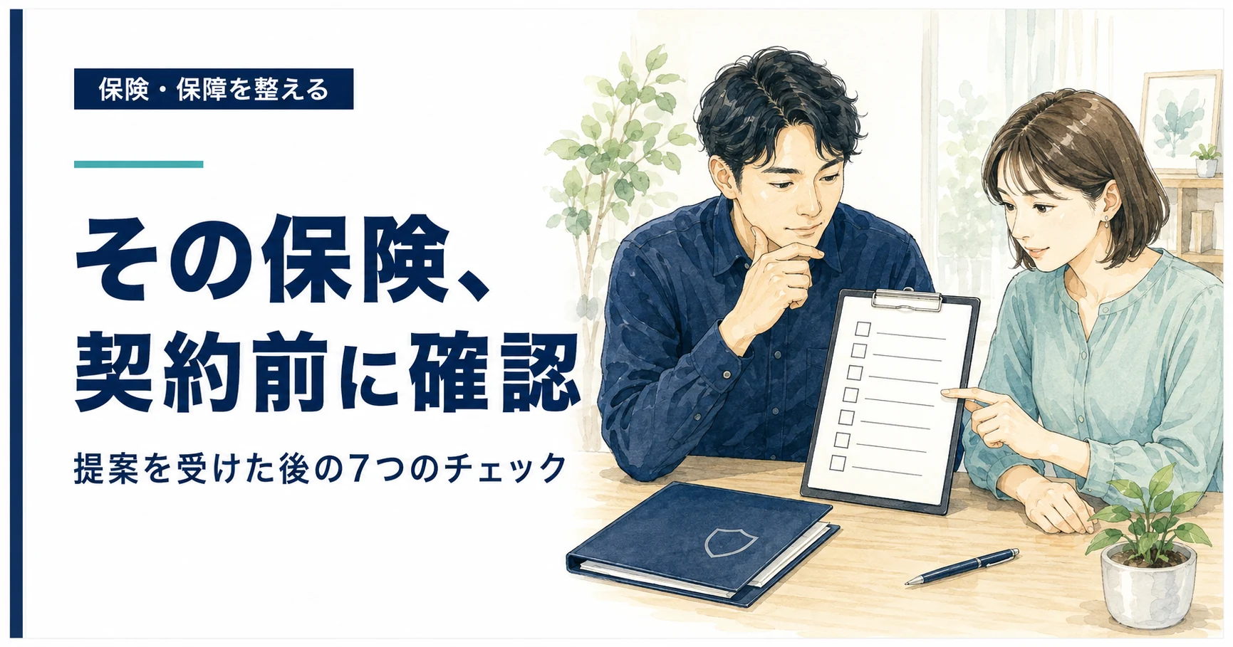 自宅で保険の提案書とチェックリストを確認する夫婦のイラスト