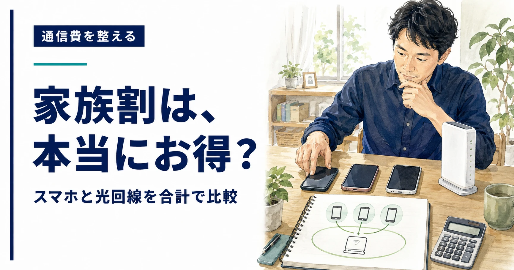 家族のスマホと光回線ルーターを並べて通信費全体を比較するイラスト