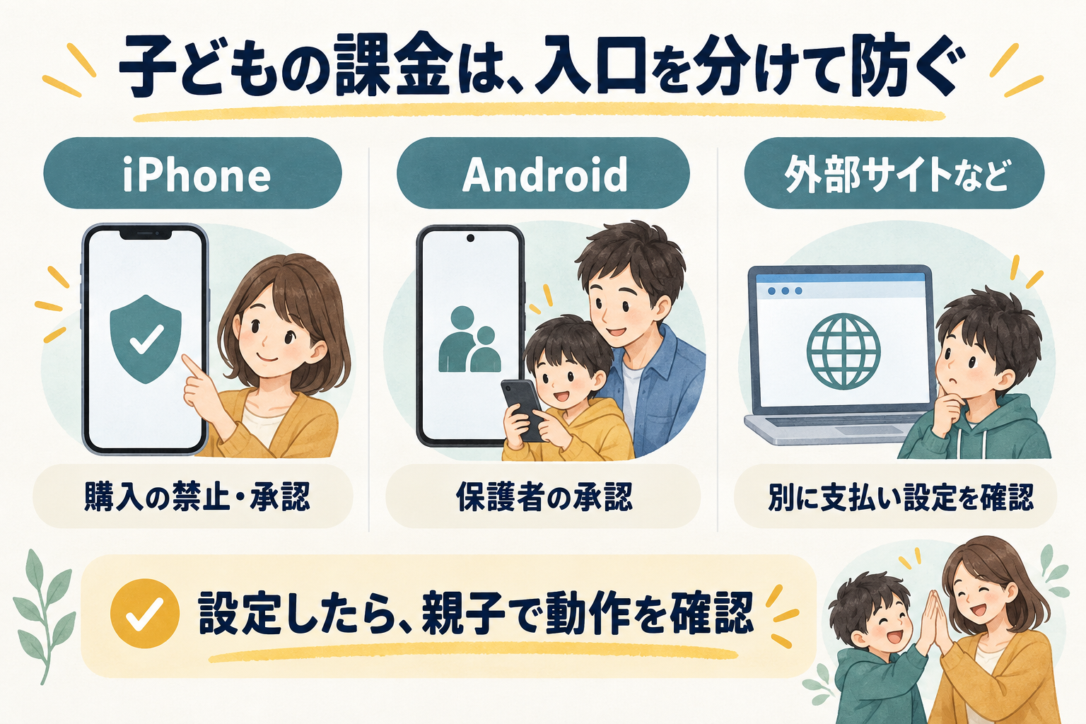 iPhoneの購入制限、Androidの保護者承認、外部サイトの支払設定を分けて確認する図