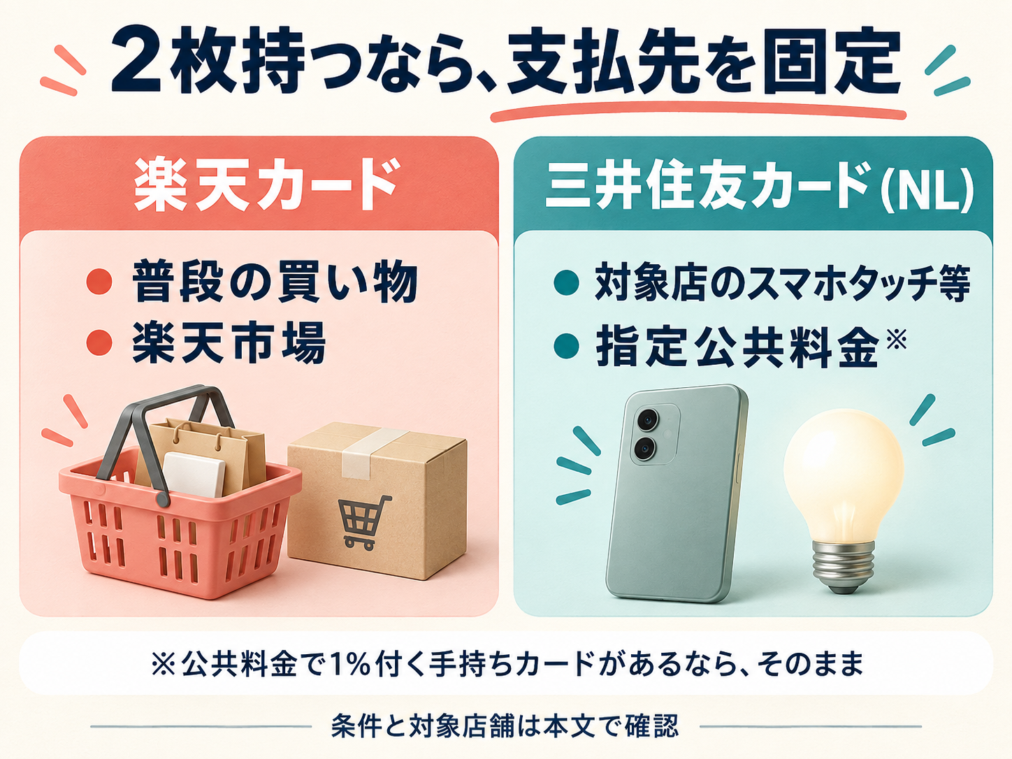 2枚を分担するなら、通常の買い物と楽天市場は楽天カード、所定のスマホ決済をする対象店と指定公共料金はNL。公共料金でも1%が付く手持ちカードがある場合は、そのカードに残す。