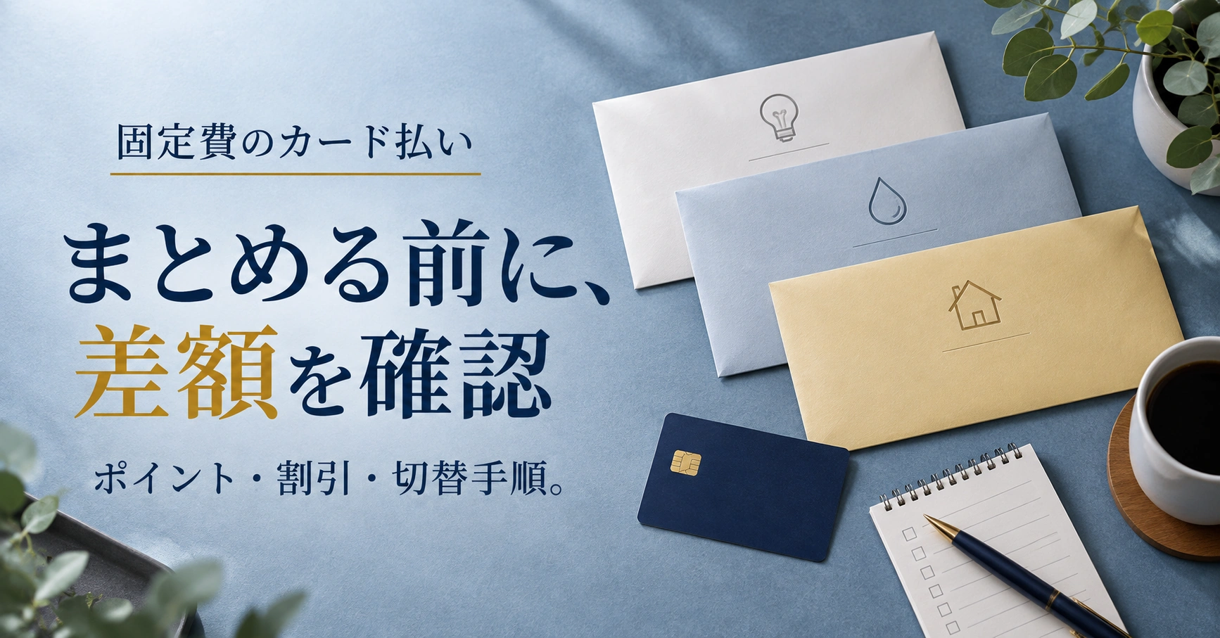 固定費のカード払い。まとめる前に、差額を確認。ポイント・割引・切替手順