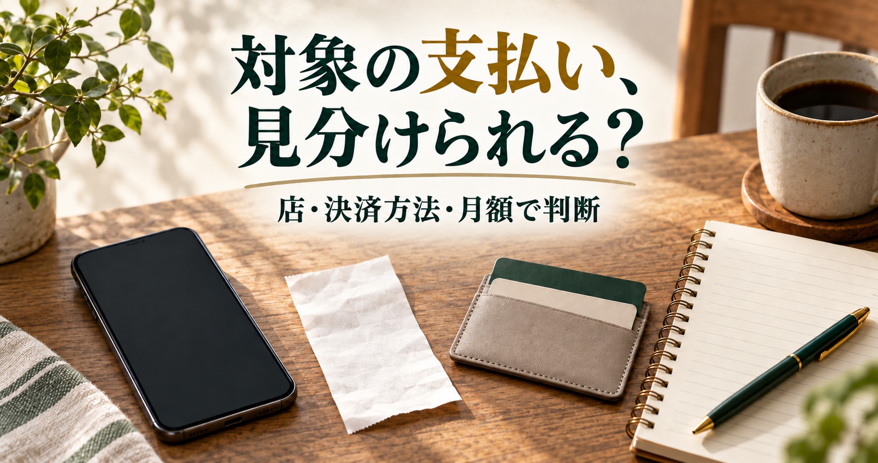 対象の支払いを見分けるため、スマートフォンと家計簿を机に置き、店・決済方法・月額で判断する記事のアイキャッチ