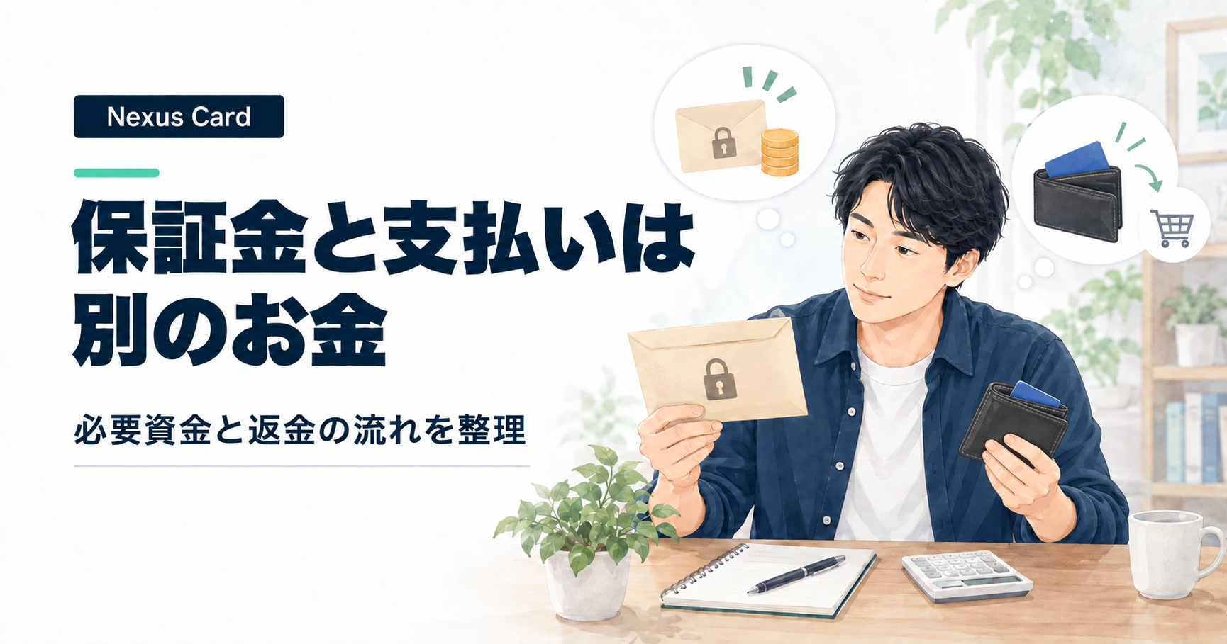 保証金を表す封筒と財布を持つ男性と、Nexus Cardの保証金と支払いは別のお金という見出し