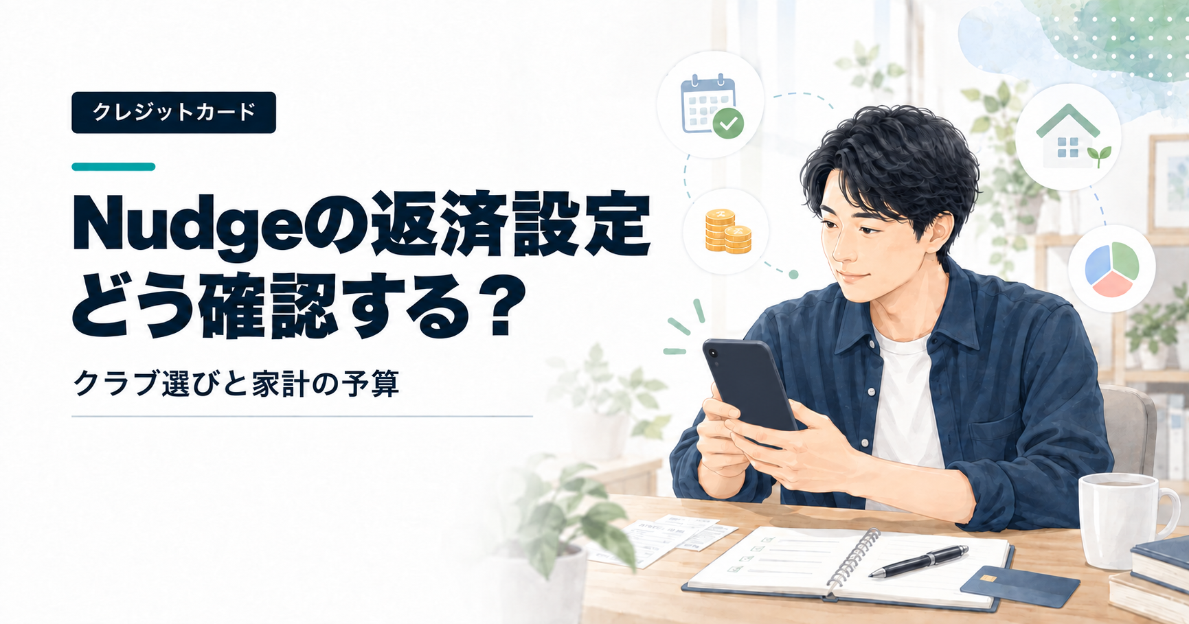 スマートフォンで返済設定を確認する男性と、Nudgeの返済設定・家計予算の見出し