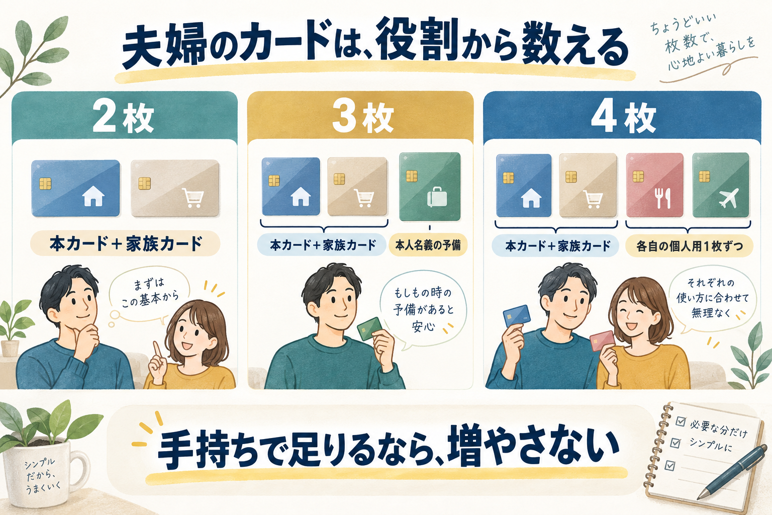 本カードと家族カードを軸に、予備や個人用を組み合わせた夫婦2・3・4枚の例