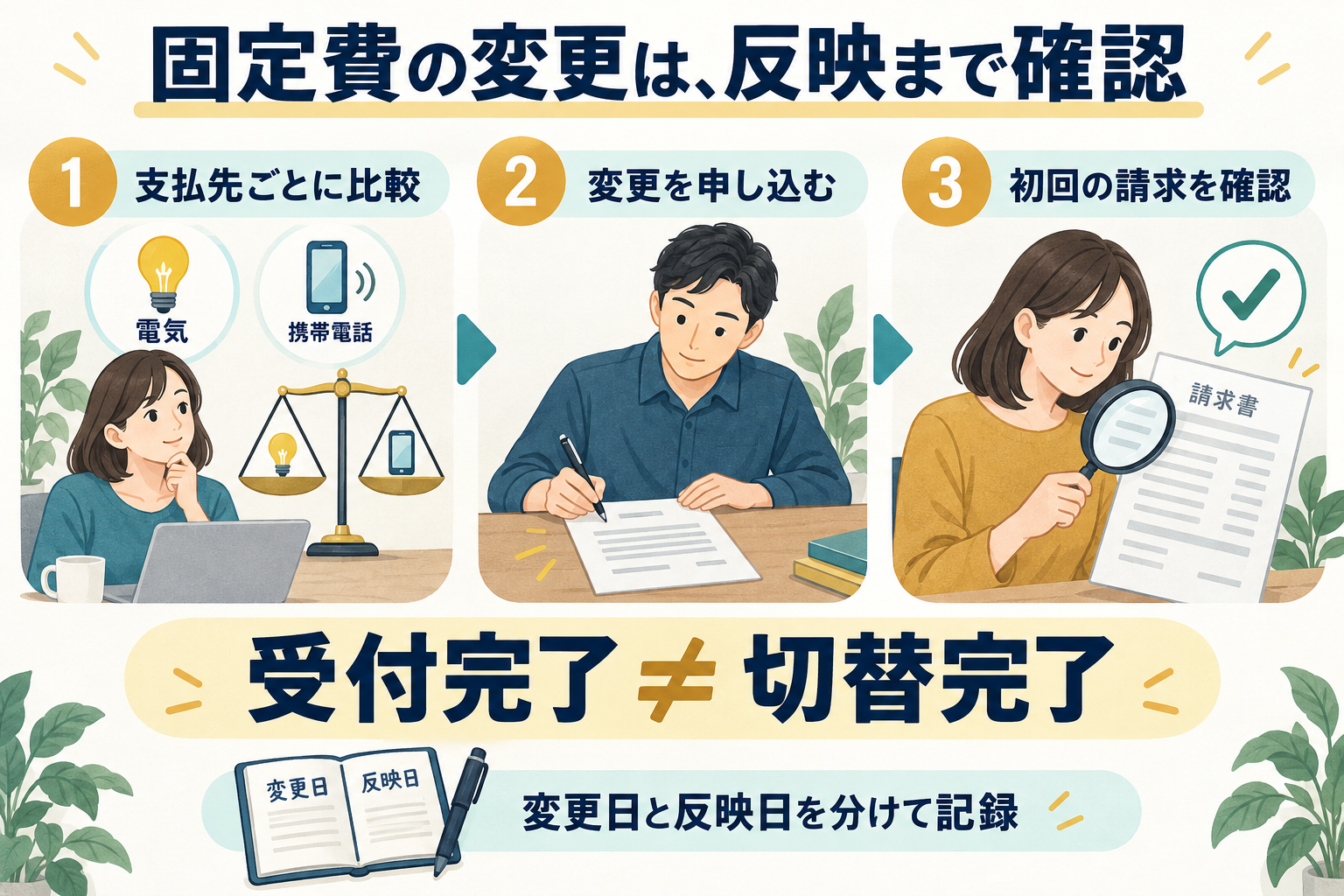 固定費の支払条件を比べ、変更を申し込み、初回請求を確認する3段階の図