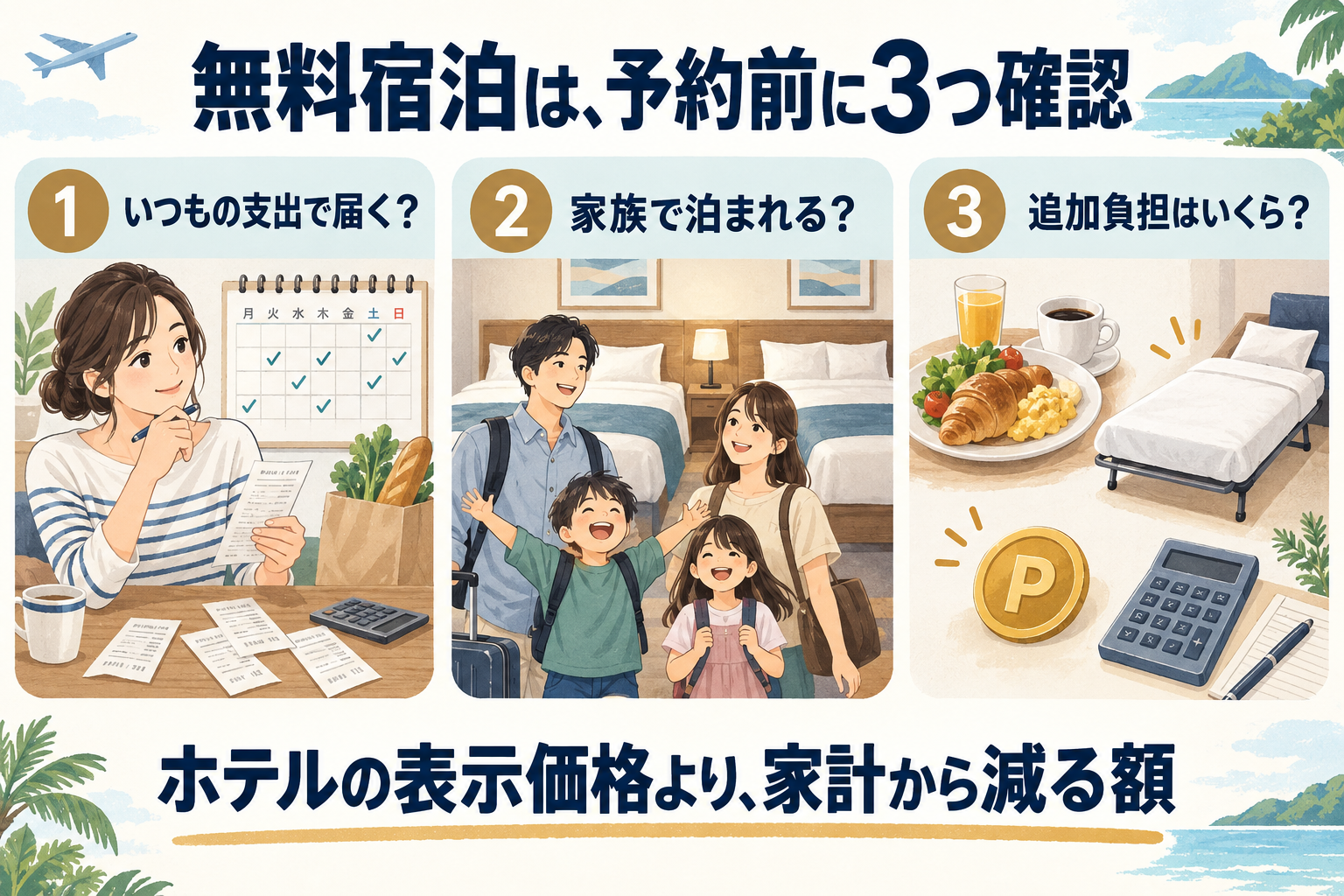 無料宿泊の対象支出、家族の受入れ、朝食や追加ベッド等の負担を予約前に確認する図