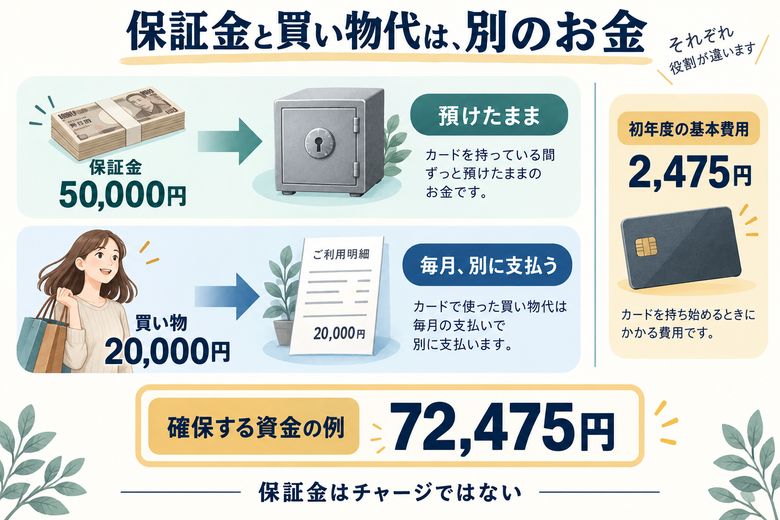 保証金5万円、買い物2万円、初年度基本費用2,475円を別に用意し、合計72,475円を確保する例
