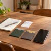 家計の支払先を考えるノートとスマートフォン、二つの無地のカードケース