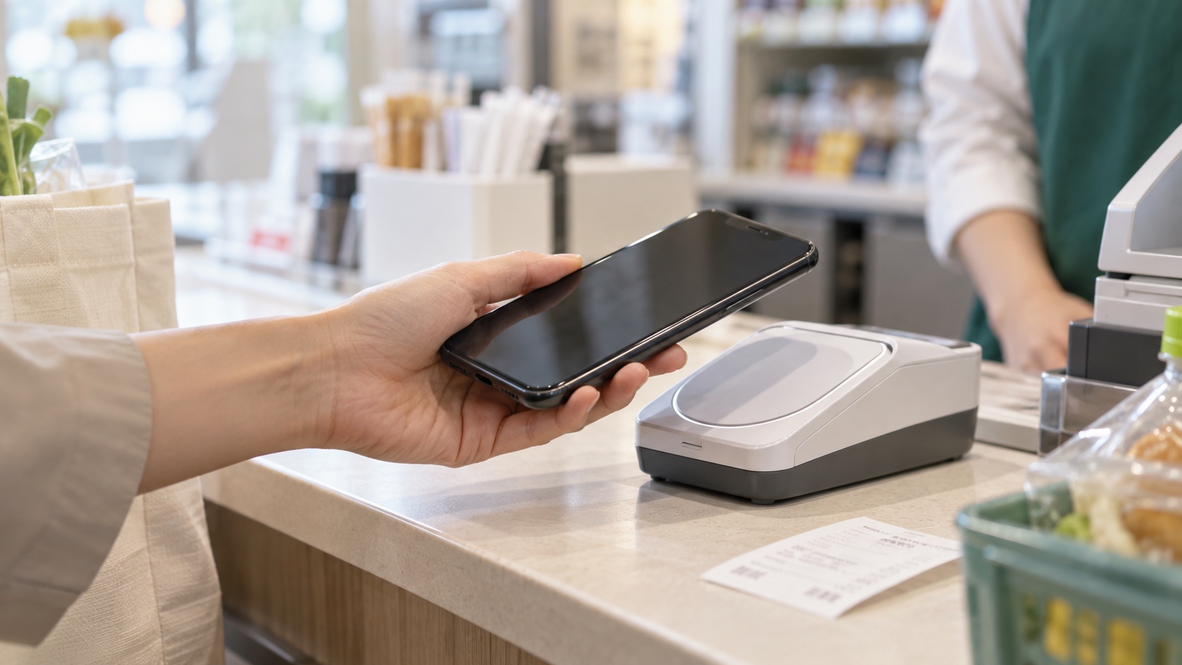 店頭の決済端末にスマートフォンを近づける様子