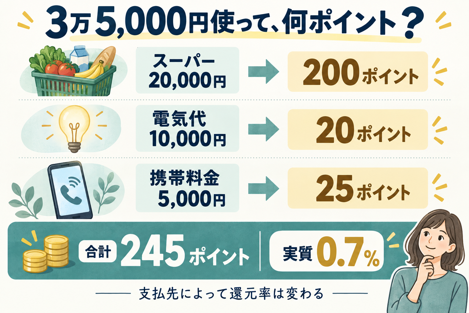 買い物2万円・電気代1万円・携帯料金5,000円で、合計245ポイントになる対象支払先の例