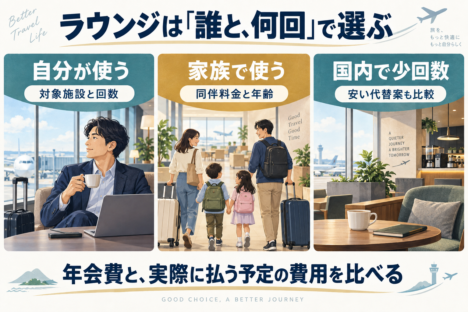 本人の利用回数、家族の同伴費用、国内ラウンジの代替案から選ぶ3つの判断